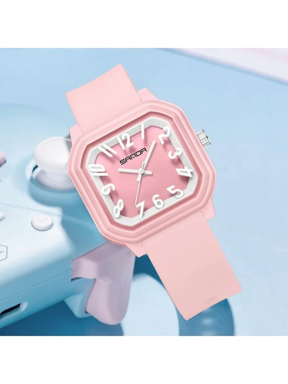 Women’s Pink Red Big Arabic Numbers Silicone Strap Analog Square Wrist Watch
